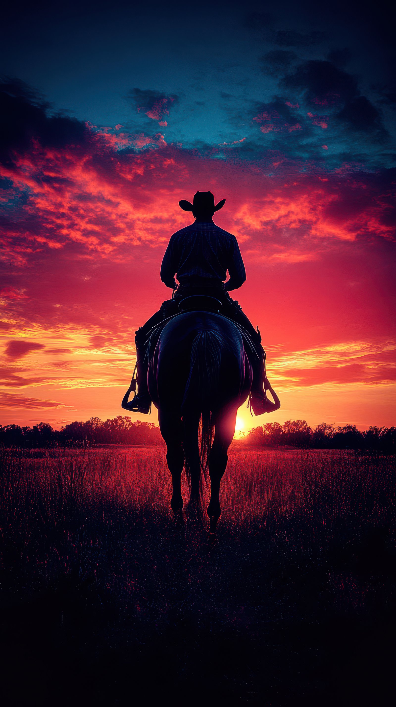 Cowboy on horseback at sunset in open grassland with vibrant colors in the sky during evening hours